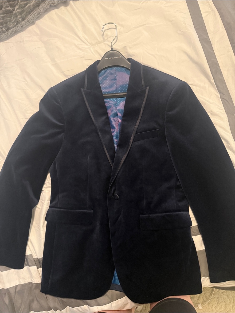 Egara Dark Navy Velvet Single-Button Slim Fit Blazer with Satin Trim